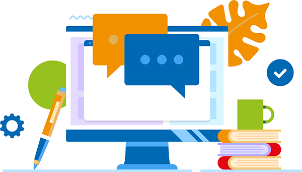 ilustración de ordenador con conversación entre asistentes a un webinar