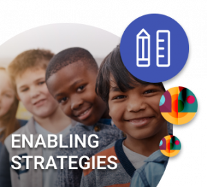 Group of kids looking at the camera and the text 'Enabling strategies'.