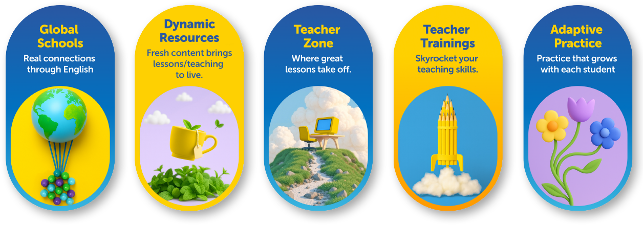 Global Schools: real connections through English. Dynamic Resources: fresh content brings lessons to life. Teacher Zone: where great lessons take off. Teacher Trainings: skyrocket your teaching skills. Adaptive Practice: practice that grows with each student.