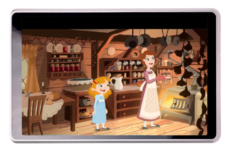 Animated scene of 'Little Red Riding Hood' displayed on a tablet device. A girl and an elderly woman are shown.