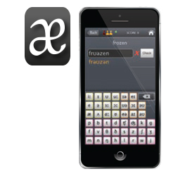 Image of a mobile phone with iOS operating system. Shows the Macmillan Traze app, with a word at the top (frazezan) and a numeric keypad.