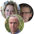 Image with three portraits of middle-aged people. The first person is a woman with blonde hair and glasses. The second is a man with glasses. The third is a man with short hair and beard.