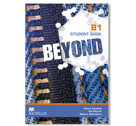Image of a textbook. Title: BEYOND and level B1. Includes the Macmillan logo. The book has a design with fabric motifs, in blue, orange and grey.