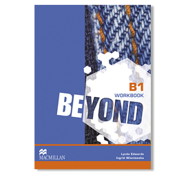 Image of a textbook cover. The title B1 WORKBOOK is displayed in blue and white letters. The book belongs to the Beyond series and has the Macmillan logo.