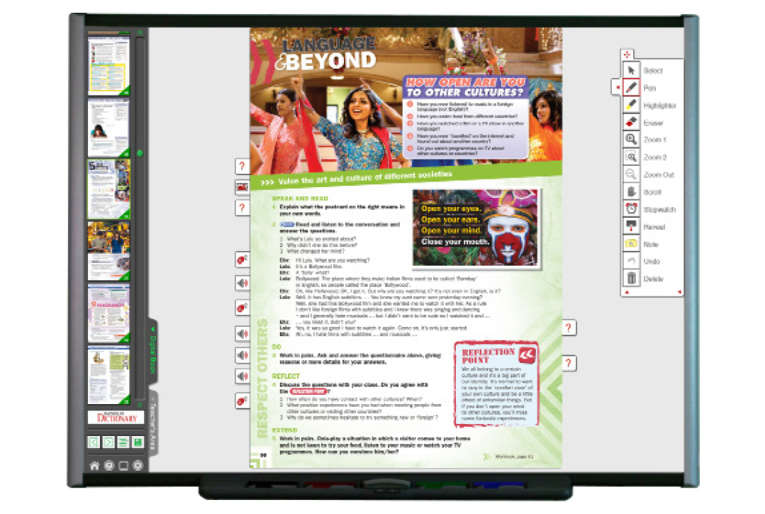 Image of a digital screen with visual elements related to education. Icons and graphics from different categories are shown. Includes an advertisement featuring a woman celebrating with others. Also includes text indicating 'Evaluation' and a list of options.