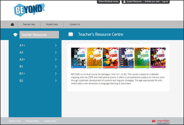 Alt: Image from the Macmillan Education Spain Beyond website. Shows the homepage with menus for Teacher Resources and Resource Center.