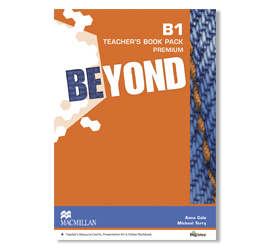 Image of a textbook. Title: 'B1 TEACHER'S BOOK PACK PREMIUM'. The title is in blue and orange letters. The design includes an illustration of a map with a paper airplane and a fabric texture. The Macmillan logo appears in the bottom left corner.