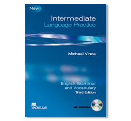 Image of a textbook. Title: Intermediate Language Practice. Author: Michael Vince. Subtitle: English Grammar and Vocabulary. Edition: Third. Includes a CD-ROM. Macmillan logo.