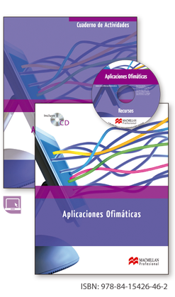 Imagen de portada de un libro de texto. El título principal es Aplicaciones Ofimáticas. Se muestran cables de red y un dispositivo digital. El logo de la editorial aparece en la esquina inferior derecha. El ISBN es 978-84-15426-42.