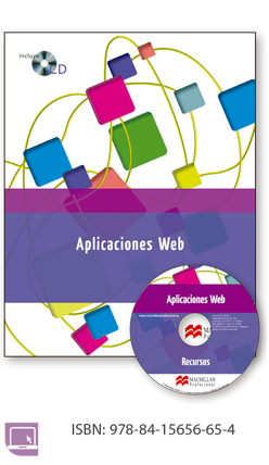imagen de un DVD con el título Aplicaciones Web repetido varias veces en color azul, verde, magenta y gris. Se muestran formas geométricas conectadas por líneas.