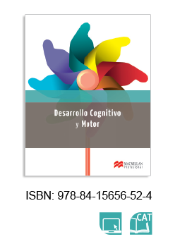 Imagen con un fondo azul grisáceo. Se muestra un diseño gráfico con varias manos de colores que forman un círculo. En la parte superior, el título Desarrollo Cognitivo y Motor está en letras blancas. A la derecha, aparece el logo de la editorial y el ISBN: 978-84-15656-52-4.