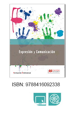Imagen con fondo azulado. Aparece el título Expresión y Comunicación - Formación Profesional. Junto al título, se muestran varias manos pintadas con colores de acuarela. En la parte inferior, se incluye el ISBN: 978841609238.