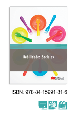 imagen de una portada de libro de texto. Presenta una composición de utensilios de cocina de colores: platos, cucharas y tenedores. El texto Habilidades Sociales se encuentra en la parte superior. A la derecha, se muestra el logo de la editorial. Se indica el ISBN: 978-84-1599-81-6.