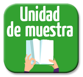 Imagen de un botón verde con el texto Unidad de muestra en letras blancas. Se muestran dos manos sosteniendo un libro abierto.