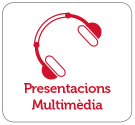 Icone d'auriculars rojos amb la paraula Presentacions en vermell a sobre i Multimèdia en vermell sota.