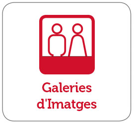 Imatge d'un cartell amb dues figures de perfil, una de standing i una sentada, dins d'un rectangle vermell.Text: Galeries d'Imatges