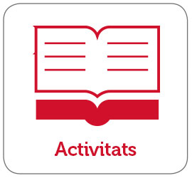 Icona amb un llibre obert de color vermell. Text: Activitats.