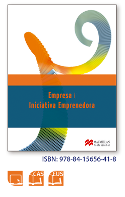 Imatge de portada del llibre. Presenta un disseny amb una forma estilitzada de '9', en colors blau, taronja i verd. En la part superior, el títol 'Empresa i Iniciativa Emprendedora' en lletres blancs. Logotip Macmillan Professional al cantó inferior dret. ISBN: 978-84-15656-41-8.