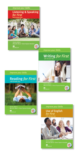 Here is the alternative text for the image: Collection 'Use of English for First' by Macmillan Education, with four books: 'Listening for First', 'Reading for First', 'Writing for First', and 'Listening & Speaking for First'.