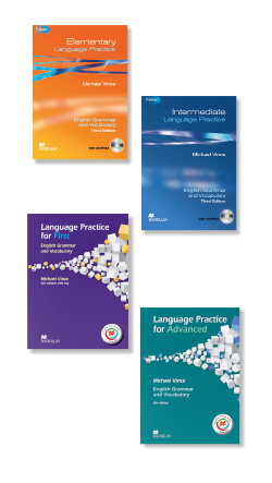 Here is the alternative text for the image: A set of four hardcover books with blue and orange color designs. The titles are Language Practice for Primary, Language Practice for Advanced and Language Practice for Primary.