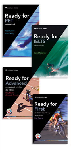 Here is the alt of the image:  Set of books Ready for from Macmillan Education Spain: PET, Advanced, First and text in blue colour.