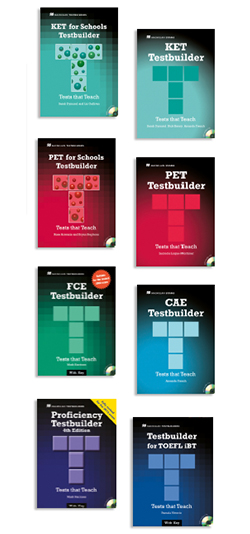 Alt: Set of nine images of textbook covers from the KET Testbuilder series by Macmillan Education Spain. The covers feature block letter designs and colors.