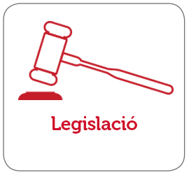 Imatge d'un segell blanc amb un martell de jutge i una base vermella. Text: Legislació.