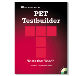 Image of a book titled PET Testbuilder Tests that Teach by Lucelia Lague-Martinez. The main title is in large, red letters. A T shape made up of three red rectangles is located below the title. The text 