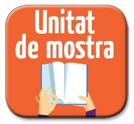 Un botó quadrat amb fons ocre, presenta el text Unitat de mostra en lletres blanques. Sobre el text, es representada una imatge de mans agafant un llibre obert amb una persona llegint.