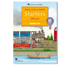 Image of a children's English textbook called Young Learners English - Starters Skills by Sandra Fox. It shows an urban landscape with a tram, a carriage, and a boat.