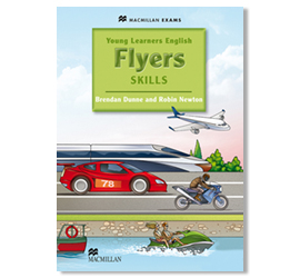 Cover image for Young Learners English Flyers book. Shows an airplane, a train, a car and a motorcycle on a road. There is also a boat with a person practicing water sports. The book title is in green and black.