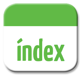 Imatge d'un botó d'índex amb el text índex en lletres grans, amb un fons blanc i una vora verda.