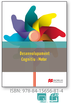 Text: Desenvolupament Cognitiu i Motor. Imatge de mans de colors formant un remolinyó sobre fons blau. Logotip Macmillan. ISBN: 978-84-15656-81-4.