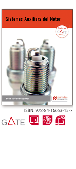 Imatge d'un llibre tècnic titulat Sistemes Auxiliars del Motor. Formació Professional. ISBN: 978-84-16653-15-7 Logotips de GATE i CAS.