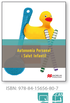 Alt: Imatge amb un flotador de pato de goma i una probeta sobre un fons blau que inclou el text Autonomia Personal i Salut Infantil i el logotip de Macmillan.