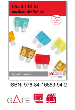 Imatge d'un llibre de text tècnic Circuits Elèctrics i Auxiliars del Vehicle. Formació Professional. ISBN: 978-84-16653-94-2. Logos de GATE i CAS.