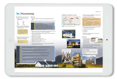 Image of a tablet displaying a textbook page. Includes vocabulary icons, illustrations of houses, buildings and architectural elements. Different types of dwellings are visualized. The page text includes information about vocabulary and examples of use.
