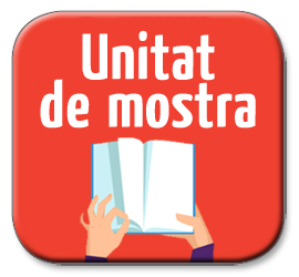Imatge d'un botó amb el text Unitat en lletres blanes sobre fons vermell. Es mostra una il·lustració de mans sostenint un llibre obert i una imatge d'un llibre.