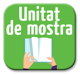 Imatge d'un botó verd amb la paraula Unitat de mostra en blanc, que representa un llibre obert amb mans sostenint-lo.