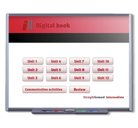 Image of a digital whiteboard. Shows the interface of a digital textbook. Includes buttons to access units 1-12, as well as Communication activities and Review options.