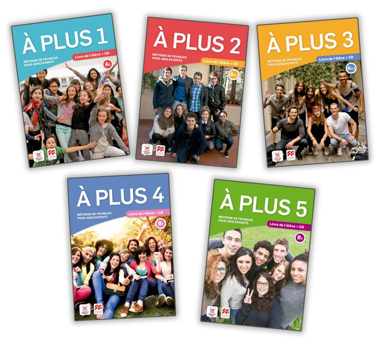 Alt: Ensemble de cinq couvertures de livres de la série À PLUS de Macmillan Education. Montre des groupes de jeunes dans divers contextes.