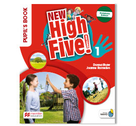 Cover image for the New High Five! 1 Pupil's Book textbook. Shows two children shaking hands in the air, with a countryside and a house in the background. Large and colorful title.