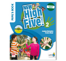 Image of the cover of the New High Five! 2 textbook. Cover with graphic elements and text New High Five! 2. Children are shown greeting each other and an image of a landscape.