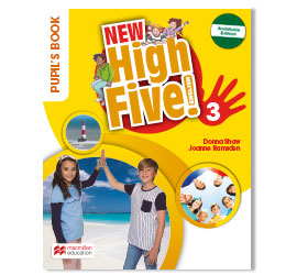 Image of the cover of the High Five! 3 textbook. Shows two boys and a girl shaking hands. Title: High Five! 3 with activity images. Text: New book. First knowledge.