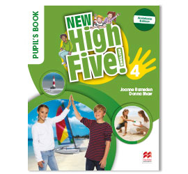 Cover image for the High Five 4 textbook from Macmillan Education Spain. Shows four young people celebrating with a five-finger salute. The book includes images of outdoor activities.