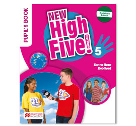 Cover image for the New High Five! 5 textbook by Donna Shaw. Includes an illustration of a globe, a person holding a microphone, and several young faces.