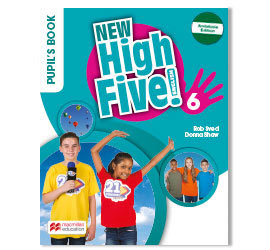 Cover image for the High Five! 6 textbook from Macmillan Education Spain. It features four young people engaged in different activities (microphone, number, raised hands, group) against a blue background with graphic elements.