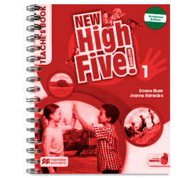 Image of a New High Five textbook from Macmillan. Includes the title New High Five, number 1, author names and an illustration of two children shaking hands.