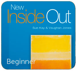 Image of a children's book cover. The main title is Inside Out in blue letters. Below, Beginner in red letters. The image contains a representation of a stack of color layers: yellow, orange and red. The text Sue Kay & Vaughan Jones appears at the bottom.
