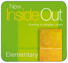 Image of a book cover. At the top, the title Inside Out in green and yellow letters. Below, the authors' names Sue Kay & Vaughan Jones. On the right, an image of a yellow colored block. In the lower left corner, the word Elementary.